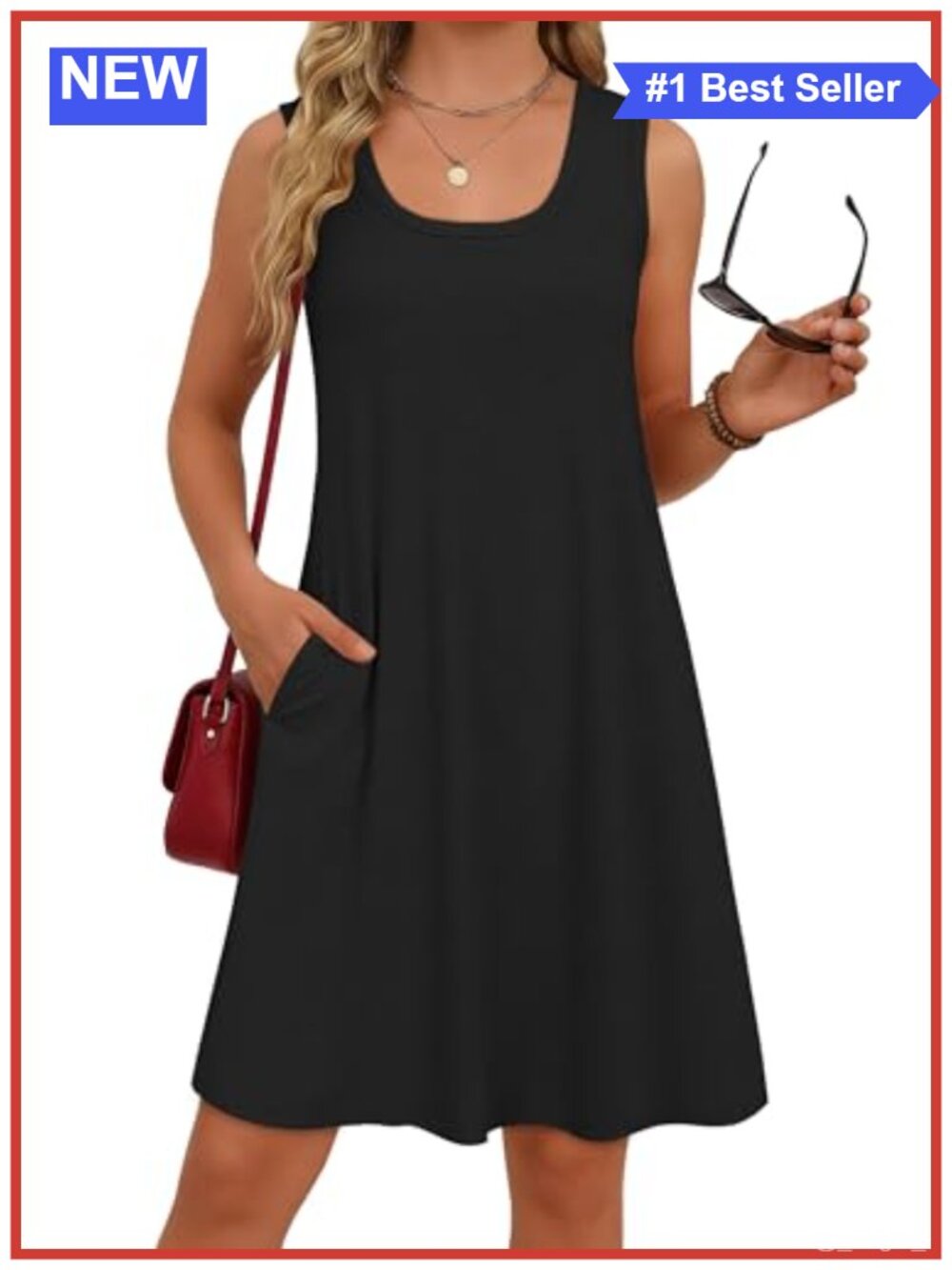 Sleeveless A-Line Sundress with Pockets U Neck Knee Length Dress